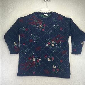 Basic Editions Navy Green Floral Knit Sweater Scalloped Crewneck Small/Medium